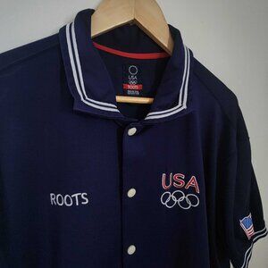 Vintage 2004 Roots USA Olympic Snap Short Sleeve Warm Up Jacket Navy Size XXL